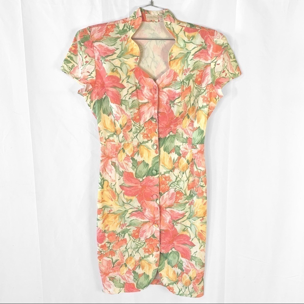 VINTAGE GARDANIA PARIS FLORAL  MULTICOLOUR BUTTON UP DRESS SHORT SLEEVES MEDIUM - Picture 4 of 17